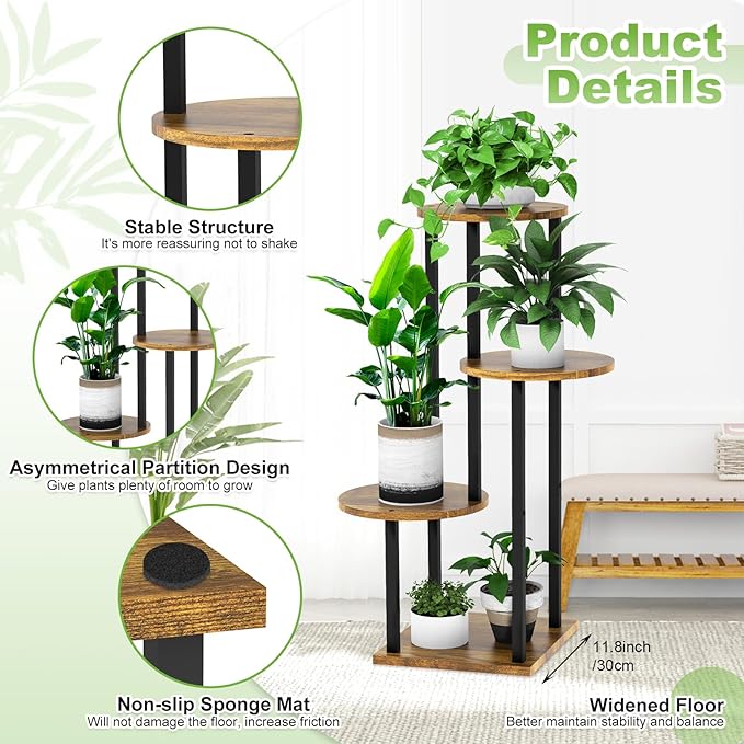 4 Tier Wood Tall Plant Stand Metal Rack Indoor, Multiple Flower Pot Holder Shelves Corner Rack, Round Planter Shelf Display Rack Storage Organizer for Patio Living Room Balcony(Black+Brown)
