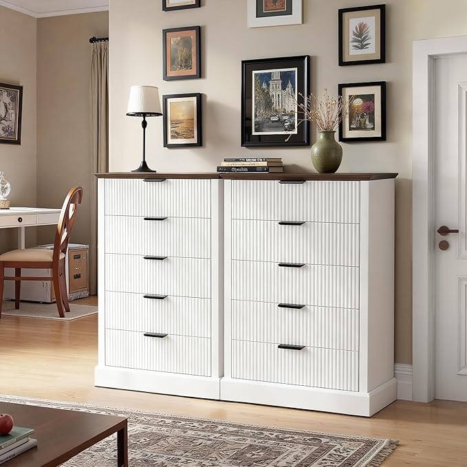 Dresser for Bedroom with 5 Fluted Drawers, 31.5" Wide Chest of Drawers with Mid-Century Design, Wood Dresser for Closet with Metal Handle, White