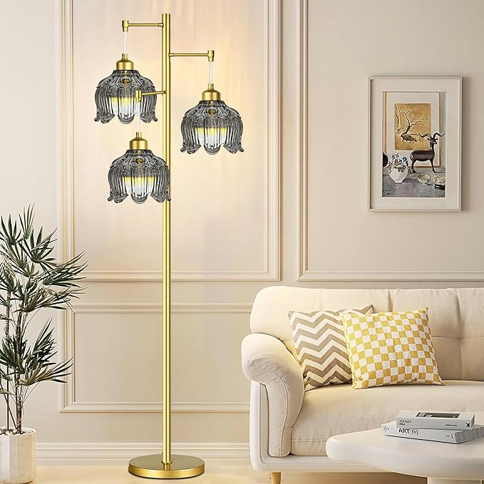 ILLMTW Glass Floor Lamp for Living Room,Bedroom,Gold Mid Century Modern Standing Lamp Brass Tree 3 Light Tall Floor Lamps Vintage Retro Floor Lights Grey Flower Lamp Shade Farmhouse Boho Bohemian
