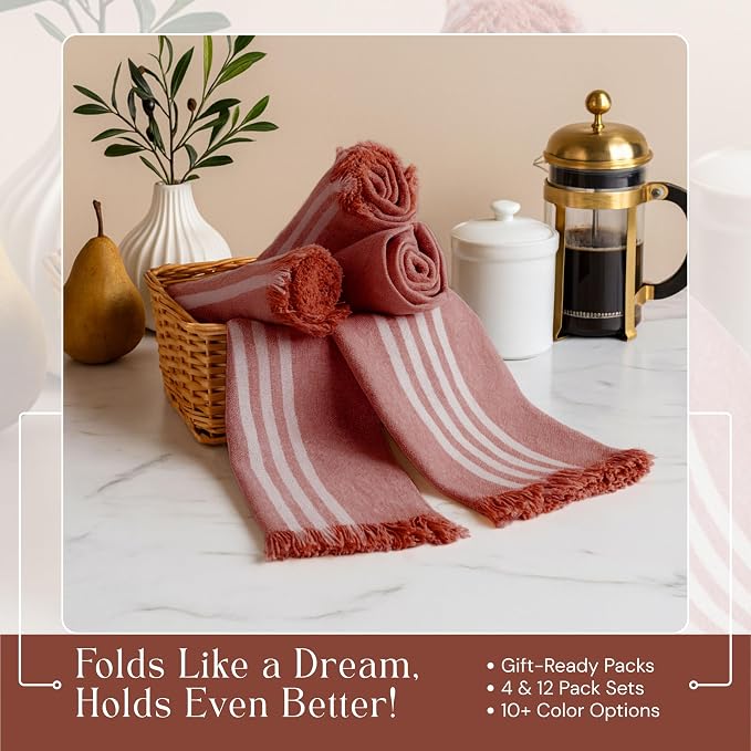 Stripe Kitchen Dish Towels 4 Pack, 16x26 Inches, Quick Drying Cloths, 100% Cotton, Absorbent Wash Rags, Washable and Reusable, Cleaning Towels for Dishes, Everyday Drying Use - Rust