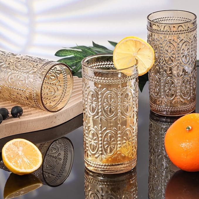 Darlion 6 Pack Highball Beverage Glass Cup, 12oz Amber Glassware Drinking, Vintage Embossed Drinking Glasses, Old Fashioned Glass for Party Wedding Home Office and Gift