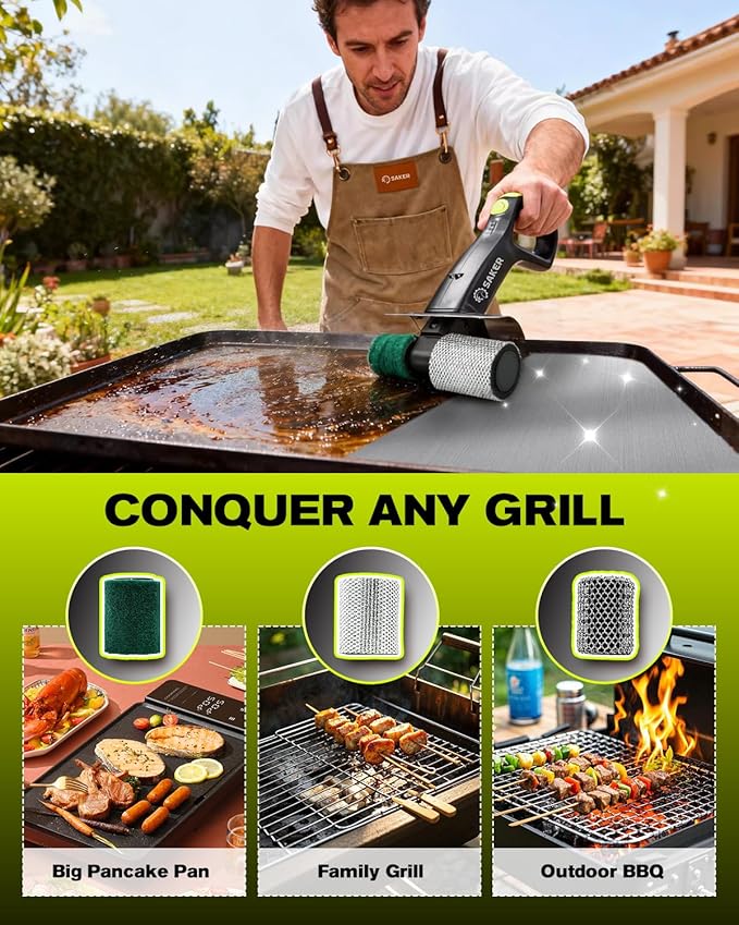 Saker Electric Grill Brush for Outdoor Grill, Bristle-Free Automatic Grill Cleaning Brush with 450 RPM & LED Light, Grill Rescue BBQ Brush Set with 3 Interchangeable Heads