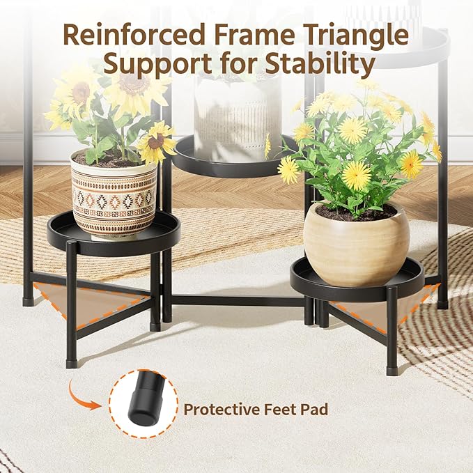 LASZOLA 6 Tier Large Plant Stand Indoor Tall with 10 Inch Metal Tray, Corner Folding Flower Display Rack, Modern Plant Holder Shelf for Outdoor Patio Porch Garden Office Living Room, Black