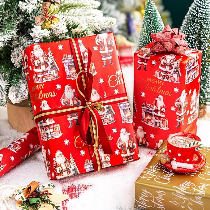 MAYPLUSS Christmas Wrapping Paper Roll - 17IN X 33FT - Red Gift Wrapping Paper Featuring Santa Claus Fireplace Against Red Reversible Merry Christmas for Kids, Holiday, New Year