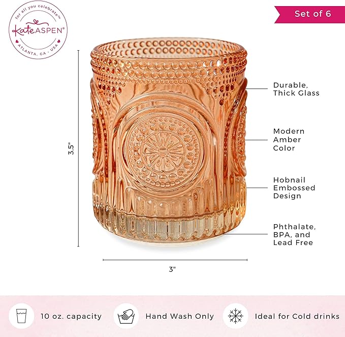 Ribbed Retro Arch Floral Rose Gold Drinking Glasses Set of 6, (10 oz) Vintage Glassware Set by Kate Aspen| Cocktail Glass Set, Juice Glass, Water Cups | Great Hostess Gift & Gift for New Home Owners
