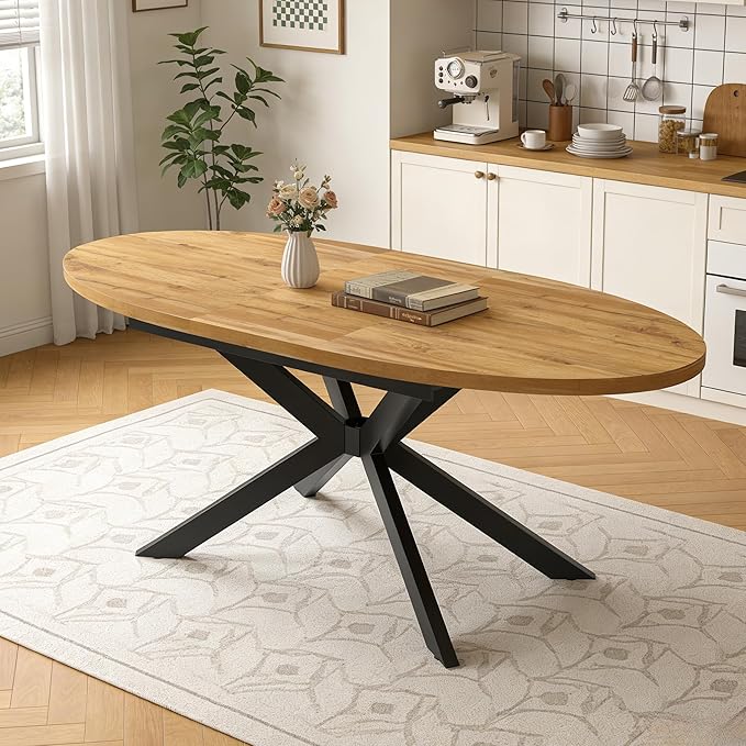 63"-78.7" Extendable Round Dining Table for 4-6 People, Mid Century Modern Oval Kitchen & Dining Room Table with Metal Frame, Large Folding Dining Table for Dining Living Room Space Saving, Walnut