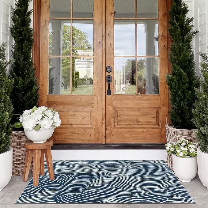 Modern Outdoor Rug - 28" x 43" Front Door Mat Indoor Outside Entrance Non-Slip Washable Outdoor Mat Navy Blue White Ocean Waves Rug for Entryway Kitchen Bedroom Layered Doormat for Front Porch