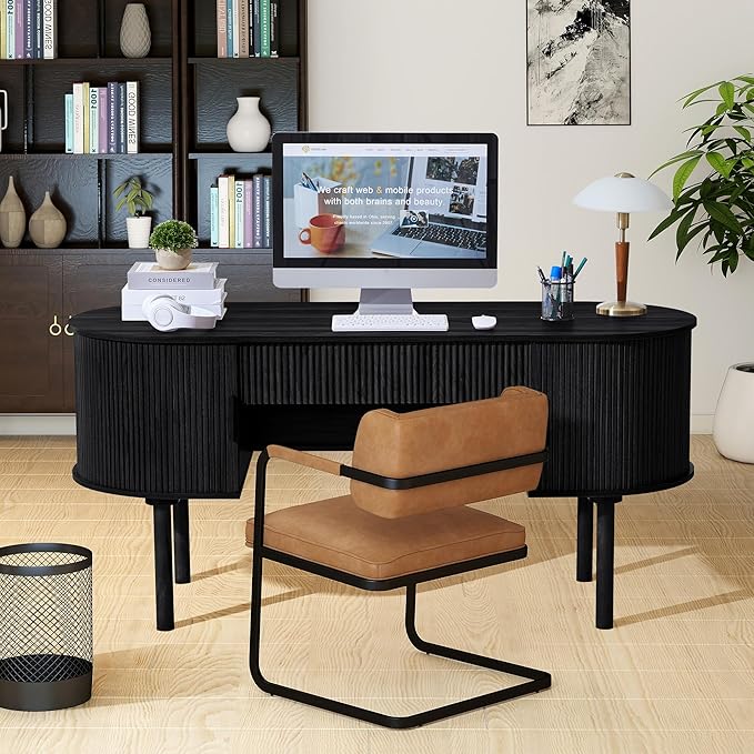 Home Office Oval Desk with Sliding Tambour Door and Drawer, Modern Fluted Wood Executive Computer Storage Desk for Study, Living Room, Bedroom, Office - Black