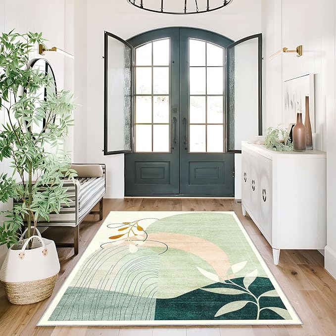 MUJOO 3x5 Washable Rugs,Boho Large Area Rug for Entryway Kitchen Entry Bedroom Bedside Foyer,Small Throw Carpet Indoor Non Slip Mid Century Modern Abstract Botanical Geometric Accent Green