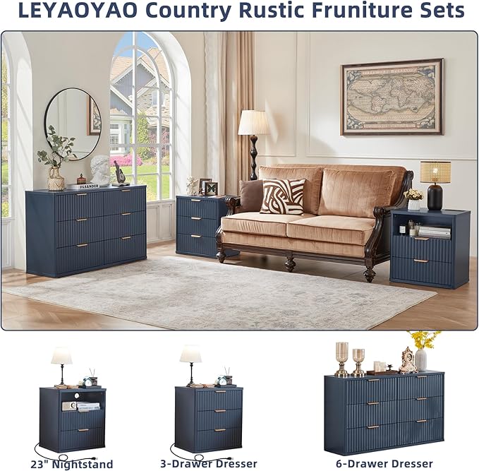 LEYAOYAO Fluted 6 Drawers Dresser, 48" Wide Modern Chest of Drawers with Woodgrain Top, Curved Profile Design, Dresser TV Stand, Wood Drawer Organizer for Bedroom, Living Room, Hallway,Blue