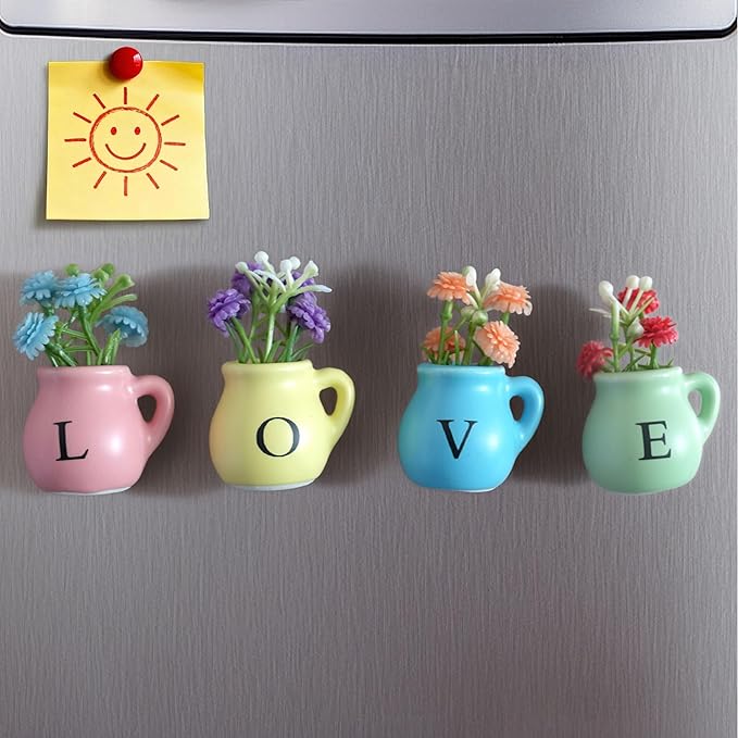 Vase Magnets for Refrigerator, Set of 4 Love Mini Ceramic Vases with Faux Flowers, Gift for Valentine's Day, Anniversary, Mother's Day, Housewarming for Her/Him/Mom