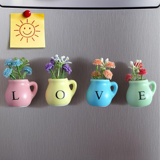 Vase Magnets for Refrigerator, Set of 4 Love Mini Ceramic Vases with Faux Flowers, Gift for Valentine's Day, Anniversary, Mother's Day, Housewarming for Her/Him/Mom