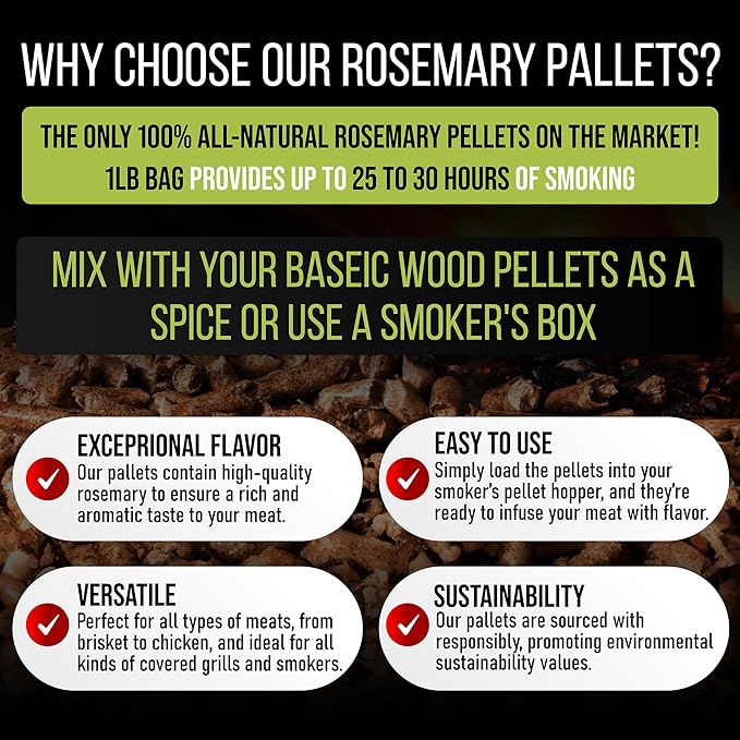 Grill Armor 100% All-Natural Rosemary Pellets for Smokers, Charcoal, Gas Grills, Smoking Gun, Mix with Other Wood Pellets – BBQ, Bake, Roast, Grill, 1lb Bag Lasts 25-30 Hours