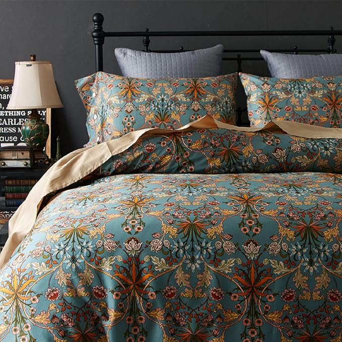 Vintage Style Garden Flower Duvet Cover Set King Boho Floral Long Staple Cotton Comforter Cover Luxury Soft Green Golden Floral Bedding Set Boho Farmhouse Bohemia Duvet Cover with 2 Pillowcases