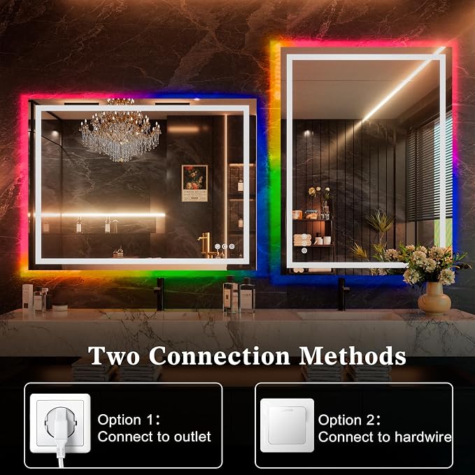 WTTY LED Bathroom Mirror 55"x36" with RGB Backlit and Front Light,Stepless Dimmable LED Mirror for Bathroom,Colored Lighted Bathroom Vanity Mirror,Anti-Fog,Memory Function,Shatter-Proof