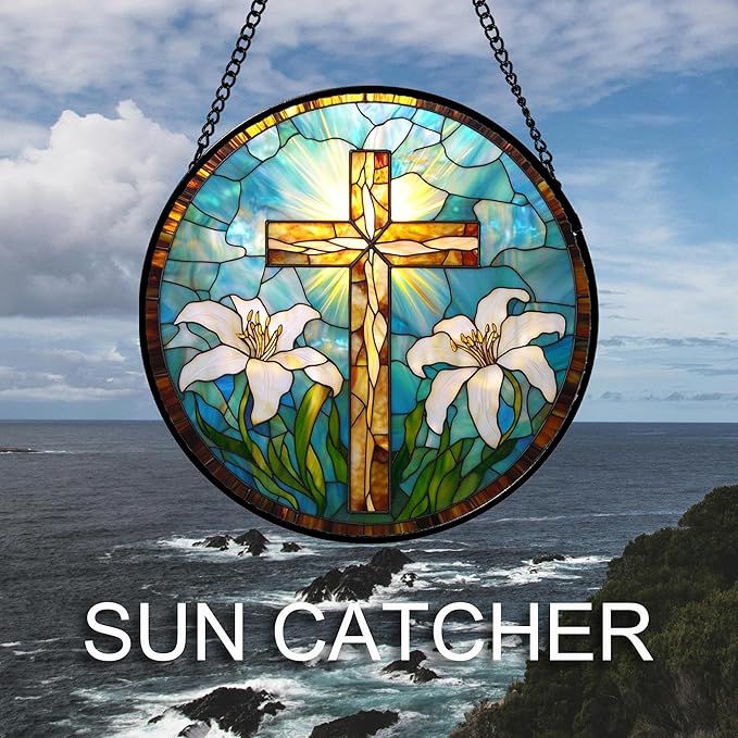 Christian Gifts for Women - Cross Stained Glass Window Hanging Jesus Easter White Lily Flower Sun Catcher Garden Religion Decor Mother's Day Catholic Gift for Men Grandma Mom Her Nana 15"