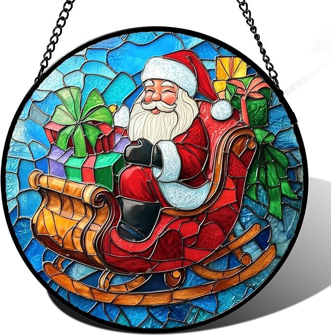 Stained Glass Window Hanging - Red Santa Claus Gift Box Suncatcher for Doors Home Christmas Decoration Winter Sun Catcher Thanksgiving New Year Birthday Gift for Women Men Mom Nana 6.3 in