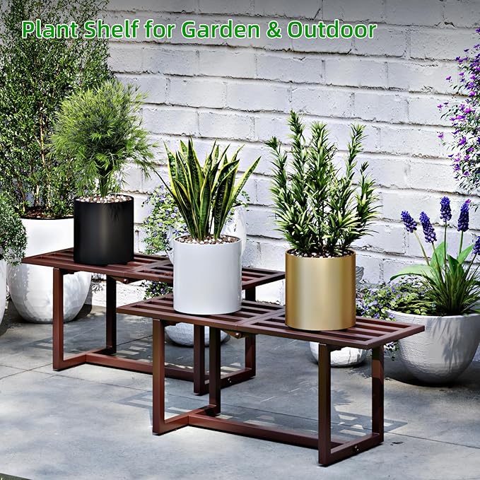 Plant Stand Indoor Outdoor, Foldable Metal Plant Shelf for Multiple Pots, Mid Century Slatted Bench for Patio Garden, Heavy Duty Capacity 330 lbs 2 Pack Coffee