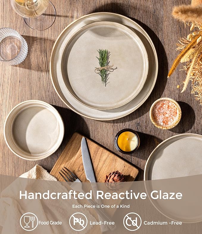 GBHOME 18-Piece Stoneware Dinnerware Set for 6 – Ribbed Ceramic Plates and Bowls, Scratch-Resistant, Microwave & Dishwasher Safe, Reactive Glaze, Cappuccino