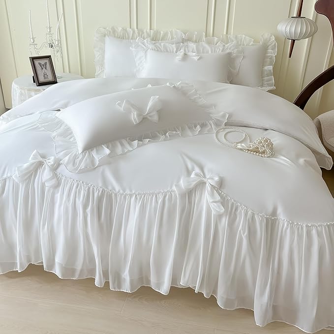 Girls Lace Bedding,Full Comforter Cover Set, Chic Ruffled Duvet Cover with Lovely Bow,Princess Style 1 Duvet Cover with 2 Pillowcases, No Comforter-White,Full Size