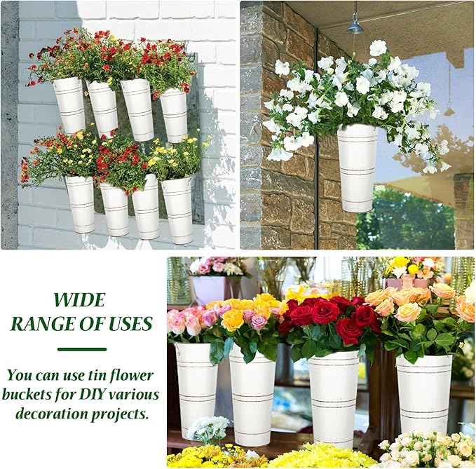 9 Inch High Galvanized French Bucket Vase with Handle 6Pcs White Metal Farmhouse Flower Vases Ideal for Dried Floral Arrangements at Home for Weddings Gift Spa and Aromatherapy Settings O4