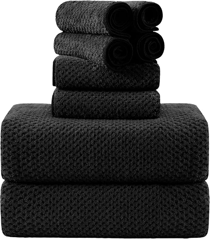 8-Piece Bath Towel Set, 2 Extra Large Bath Towel Sheets, 2 Hand Towels and 4 Washcloths - Highly Absorbent Quick Dry Microfiber,Ultra Soft Towel Set for Bathroom,Waffle Weave Design, Pack of 8 (Black)