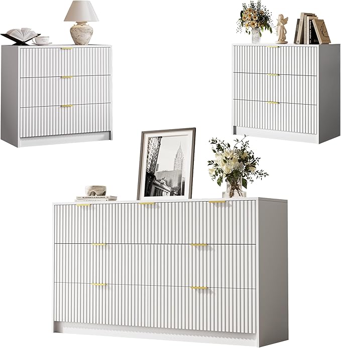 3-Piece Dresser Bedroom Set, 7 Drawer Dresser & 3 Drawer Nightstands with Gold Handles, Fluted Wood Chest of Drawers for Bedroom, Living Room, Entryway, White