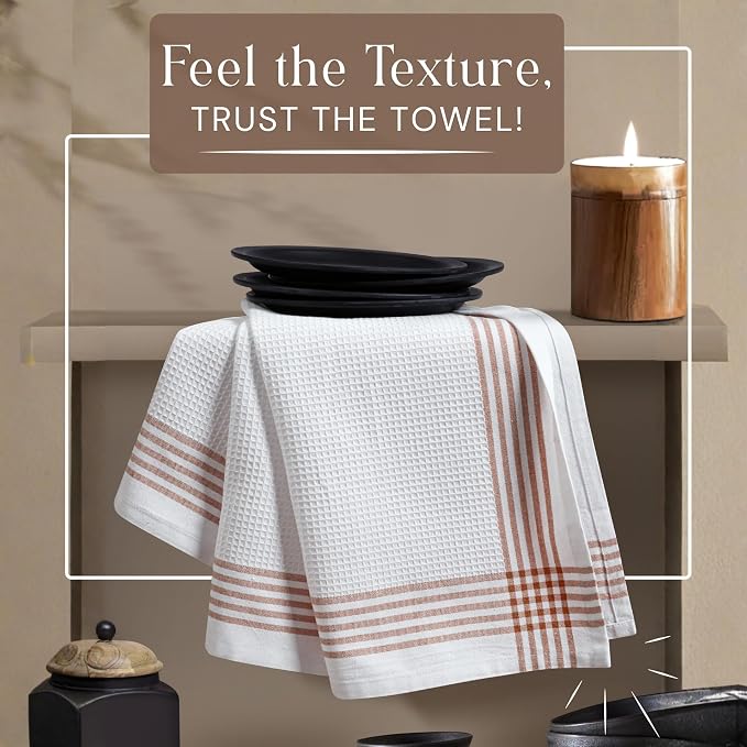 Waffle White & Brown 4 Pack Kitchen Towels Set, 100% Cotton, 16x26 inches, Professional Quality Cleaning Towel for Bar, Home, Restaurant Use, Absorbent Dish Cloths for Drying Dishes