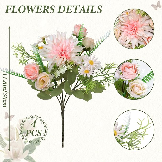 4PCS Artificial Flowers Dahlia Bouquet Fake Flowers Pink Silk Roses Daisies Faux Floral Arrangements for Dining Table Centerpieces for Kitchen Bridal Bouquet Wedding Party Home Decor