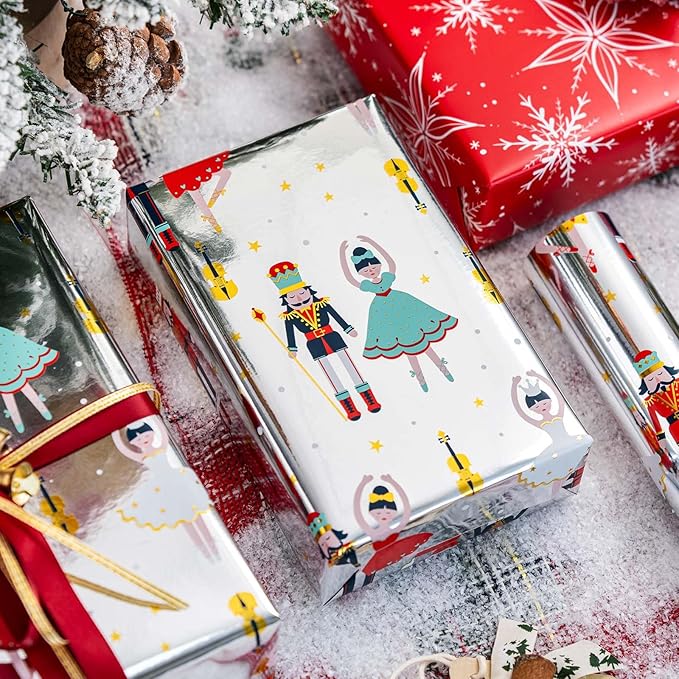 MAYPLUSS Christmas Wrapping Paper Roll - 17IN X 33FT - Nutcracker Gift Wrapping Paper Featuring Ballet Guitar Gold Star Reversible Snowflake for Kids, Holiday, New Year