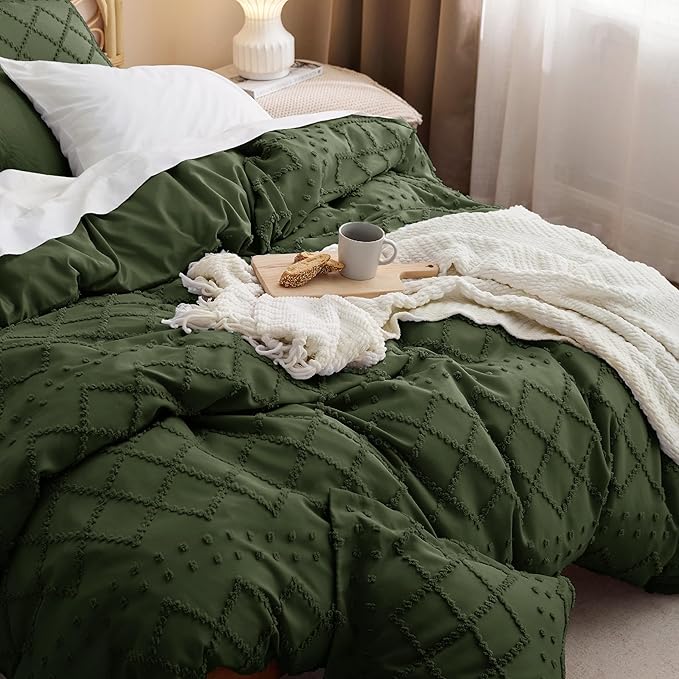 Bedsure Boho Duvet Cover King Size - Dark Green Breathable & Soft Boho Bedding, Machine Washable Comforter Cover for All Seasons, Includes 1 Duvet Cover 104"x90" with 2 Pillow Shams & Zipper Closure