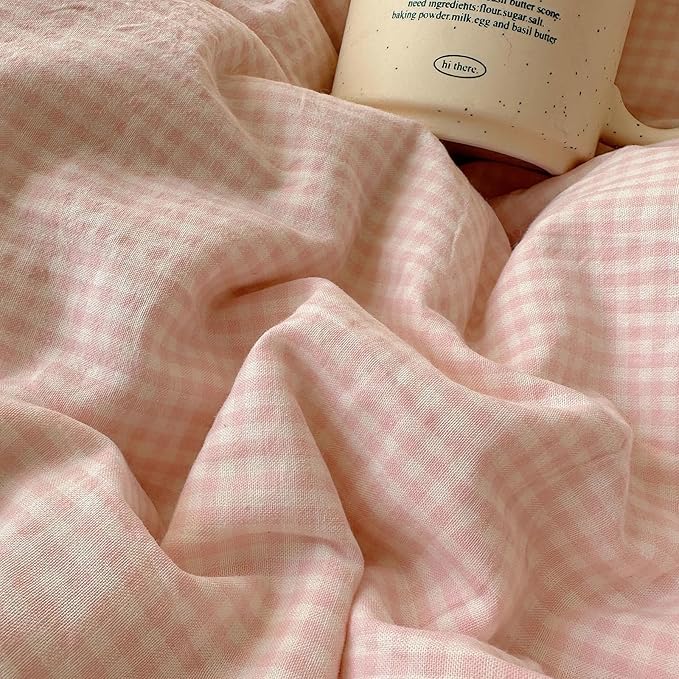 LifeTB Pink Gingham Duvet Cover Queen Size 3 Pieces Romantic Lace Duvet Cover Pink Plaid Checkered Comforter Cover with 2 Pillowcases Soft Breathable Microfiber Grid Farmhouse Plaid Bedding Set