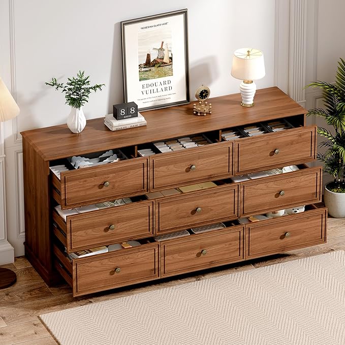 9 Drawer Dresser,63" Wide Mid Century Chest of Drawers,Wooden Bedroom Drawer Dresser with 9 Storage Drawers for Bedroom,Living Room,with Anti-Tipping Device,Umber.