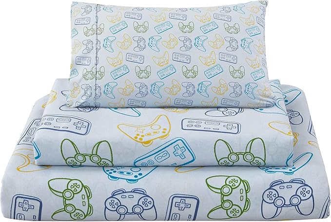Viviland 4 Pieces Boys Grey Full Sheet Set - Soft Microfiber Fitted Flat Sheets & Pillowcase - Game Player Paddle Printed Bedding Sets - for Kids & Toddlers