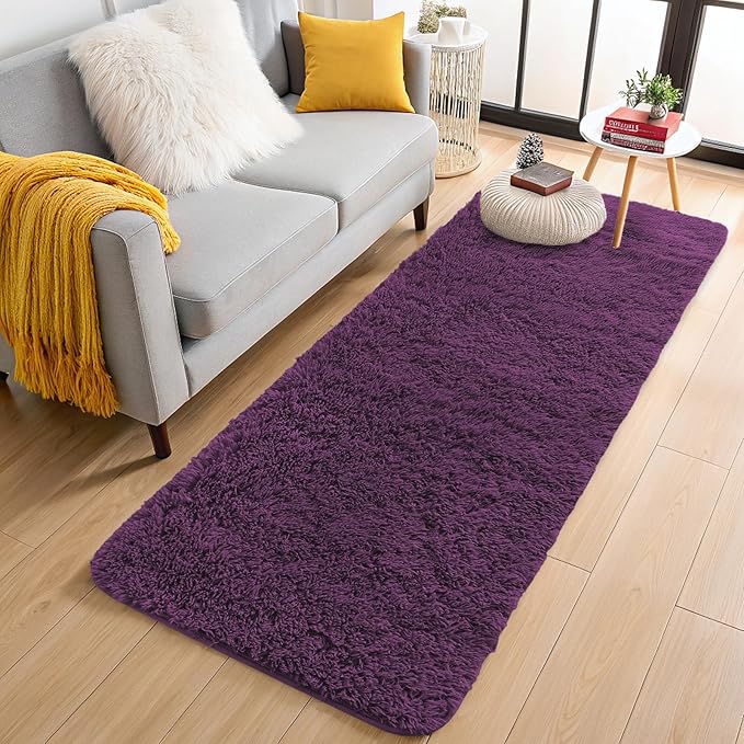 OLANLY 2x5 Machine Washable Runner Rugs for Hallway, Soft Fluffy Shaggy Bedside Rugs for Bedroom, Living Room, Indoor Floor Carpet for Kids Girls and Boys, Home Decor Aesthetic, Dark Purple