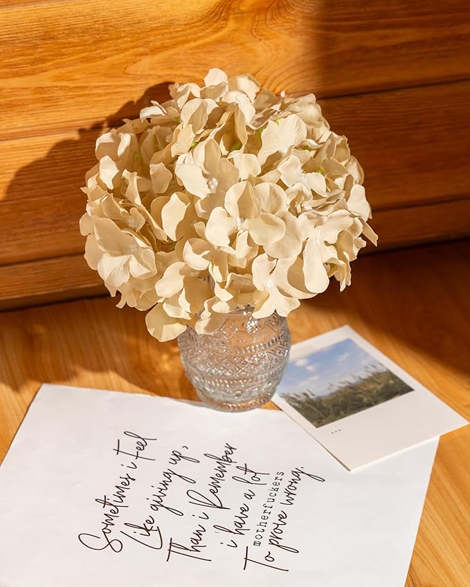 DuHouse 8.7" Silk Hydrangea Flower Heads with Stems Fake Hydrangeas Flowers for DIY Wedding Centerpiece Home Decor, Pack of 6(Sand)