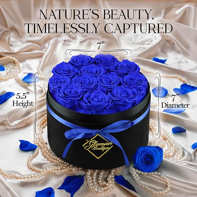 GLAMOUR BOUTIQUE Flowers Forever Gift Box 12 Real Preserved Roses in a Velvet Black Box, Birthday Gift for Wife Mom and Her, Mothers Day, Anniversary, Graduation - Blue