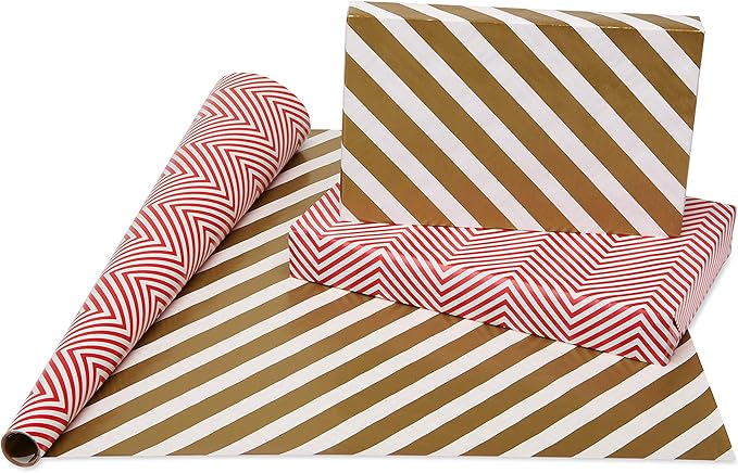 American Greetings Wrapping Paper Rolls for Christmas or Any Occasion, Metallic Gold and Red Holiday Gift Wrap (120 sq. ft., 4 Rolls-30 in. x 12 ft., Reversible) Stripes, Polka Dots, Zig Zags