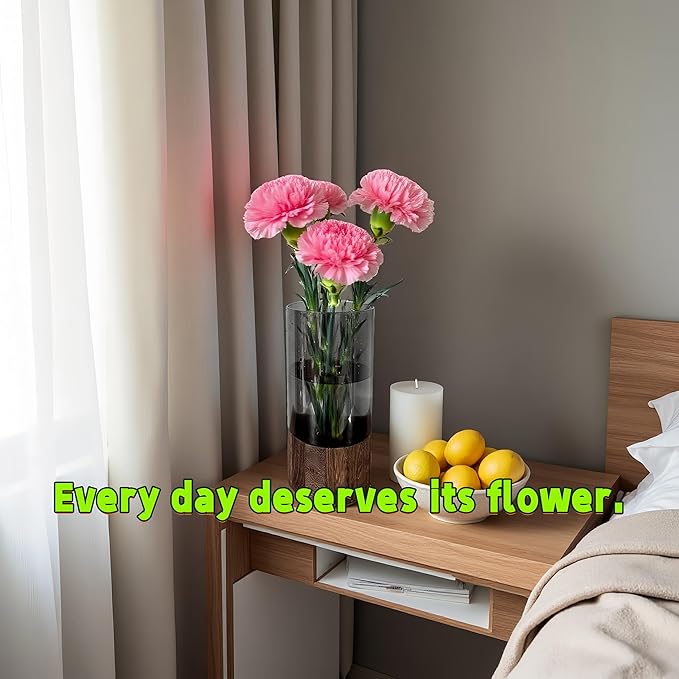 Shatterproof Acrylic Flower Vase with Wood Base–10”H*4.7''W Modern Table Centerpiece for Home Office Decor, Holds Fresh/Dried Stems, Lightweight&Stable, Present for Housewarming Christmas (Cylinder)