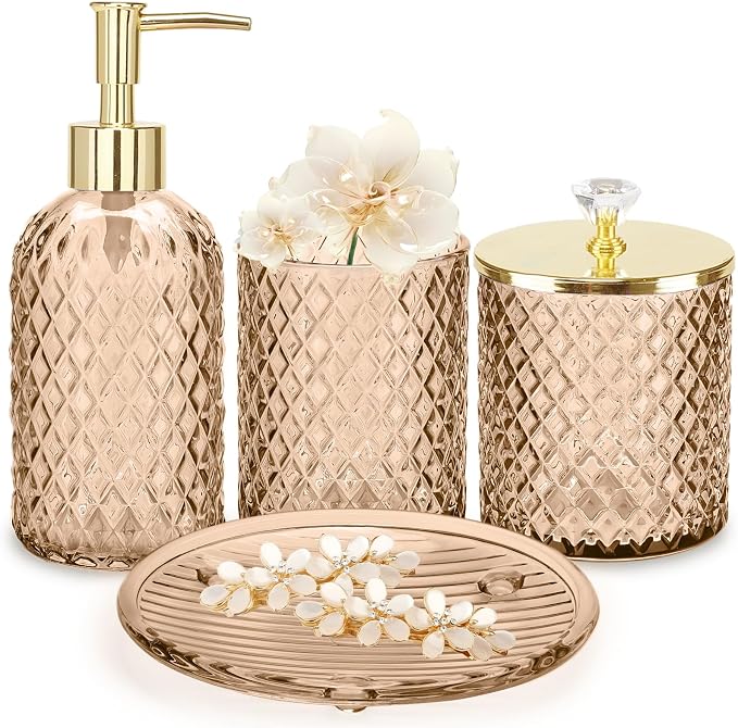 Haturi Amber Brown Bathroom Accessories Set, 4Pcs Glass Bathroom Accessory Set Complete w/Soap Dispenser, Toothbrush Holder, Qtip Holder, Soap Dish, Gold Bathroom Decor Sets, Gift for Home Apartment