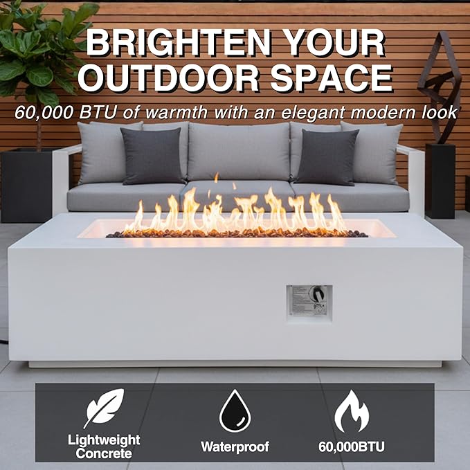 HillAethel 60-Inch Rectangular Outdoor Gas Propane Fire Pit Table,60,000 BTU Light Concrete Fire Table with Waterproof Cover, Tank Seat,Free Lava Rocks, for Outside Patio Backyard,White