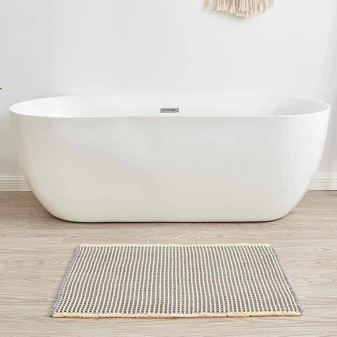 Douceur Waffle Bath mat for Bathroom Floor Non Slip, Super Soft Acrylic Blend Bath Rugs with Tassels, Quick Dry Bathroom Rugs Machine Washable,24" x 36", Grey&Yellow