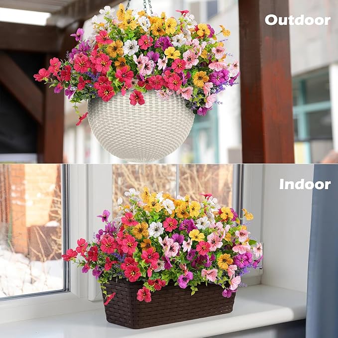 Artificial Fake Outdoor Plants Flowers for Outside Spring Summer Decoration, 12 Bundles Faux Silk Realistic UV Sun Resistant Colorful Mix Daisy Lavender for Porch Patio Window Box Yard Home Decor