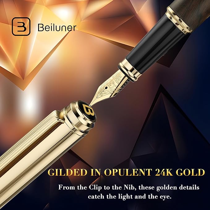 BEILUNER 316 Fountain Pen,Stunning Luxury Blackwood,24K Gilded Nib(Medium),Gorgeous 24K Gold Finish, Ink Converter,Trustworthy Gift for Men&Women-Elegant,Executive,Graduation Pens for Writing, BK-M