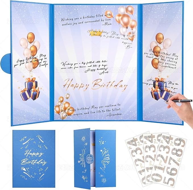 Blue Gold Birthday Party Decorations,18" x 12" Creative Birthday Decorations Guest Sign in Book Alternative,Birthday Gift for Men and Women of All Ages, Happy Birthday Party Supplies