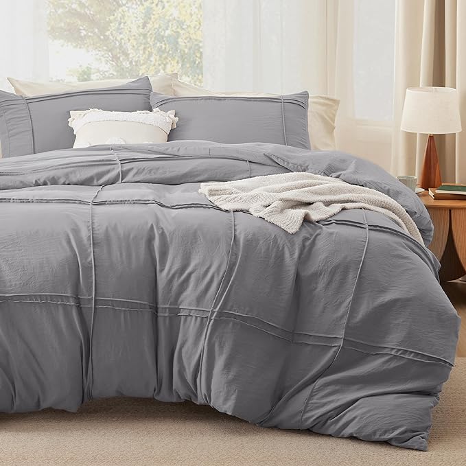 Bedsure Grid Boho Duvet Cover King Size - Shabby Chic Tufted Boho Bedding Set, 3 Pieces Shabby Chic Home Bedding for All Seasons, Includes 1 King Duvet Cover & 2 Pillowcases (Grey, 104" x 90")