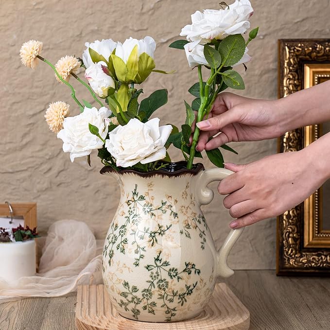 Green and Beige Vintage Vase with Handle, Ceramic Floral Pitcher Vase, Farmhouse Decorative Large Vases for Bouquet, Home Décor, Kitchen, French Country, Chinoiserie, Tuscan Decor, 8.3 Inch