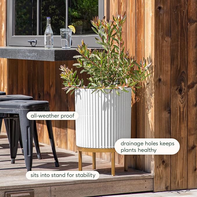 Veradek Demi Series Round Planter w/Stand for Porch/Patio | Durable Plastic-Stone Composite & Wooden Stand | Modern Décor for Tall Plants, Flowers