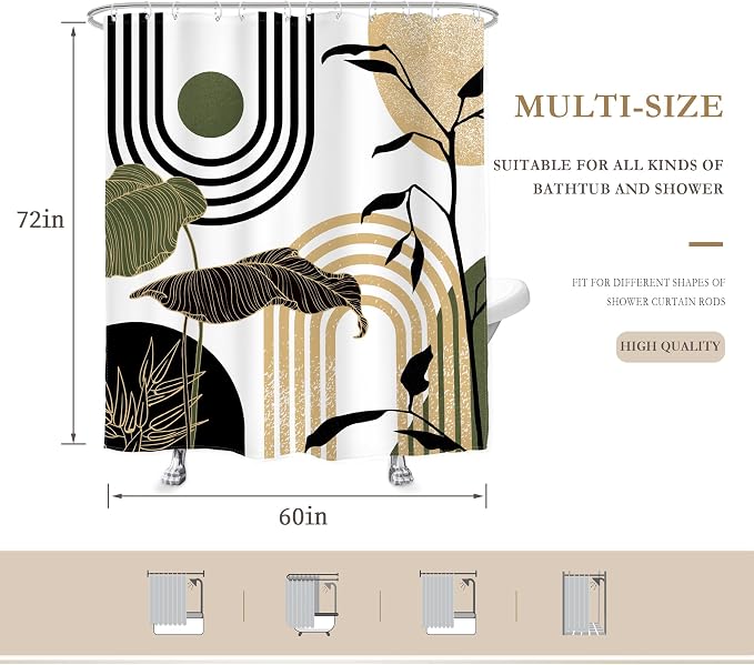 Glawry Green Gold Abstract Mid Century Shower Curtain Boho Retro Tropical Palm Sun Arch Minimalist Bathroom Modern Aesthetic Geometric 60Wx72L Inches Bath Accessories Home Decor Fabric 12 Pack Hooks