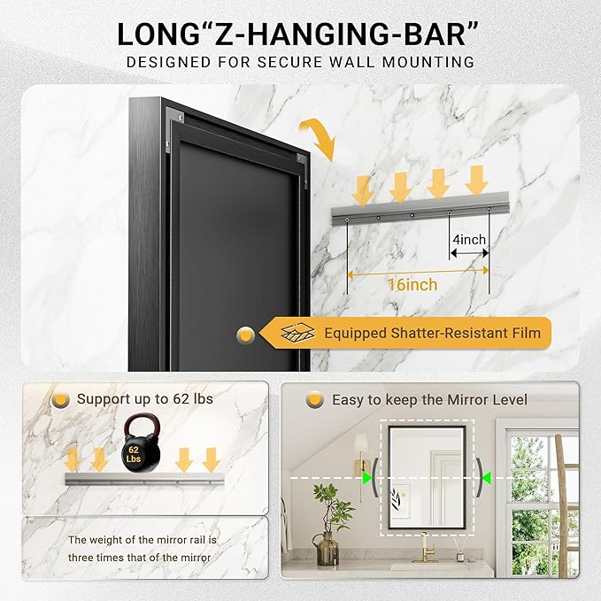 Black Framed Mirror for Bathroom, 22x30 Inch Black Rectangle Beveled Bathroom Vanity Mirror, Anti-Rust Matte Black Metal Frame Mirror for Wall, Vertical/Horizontal Wall-Mounted Mirrors